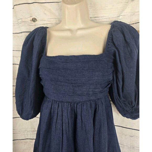Abercrombie & Fitch Emerson Linen Blend Dress XS Navy Blue Puff Sleeve Pleated - Picture 3 of 8